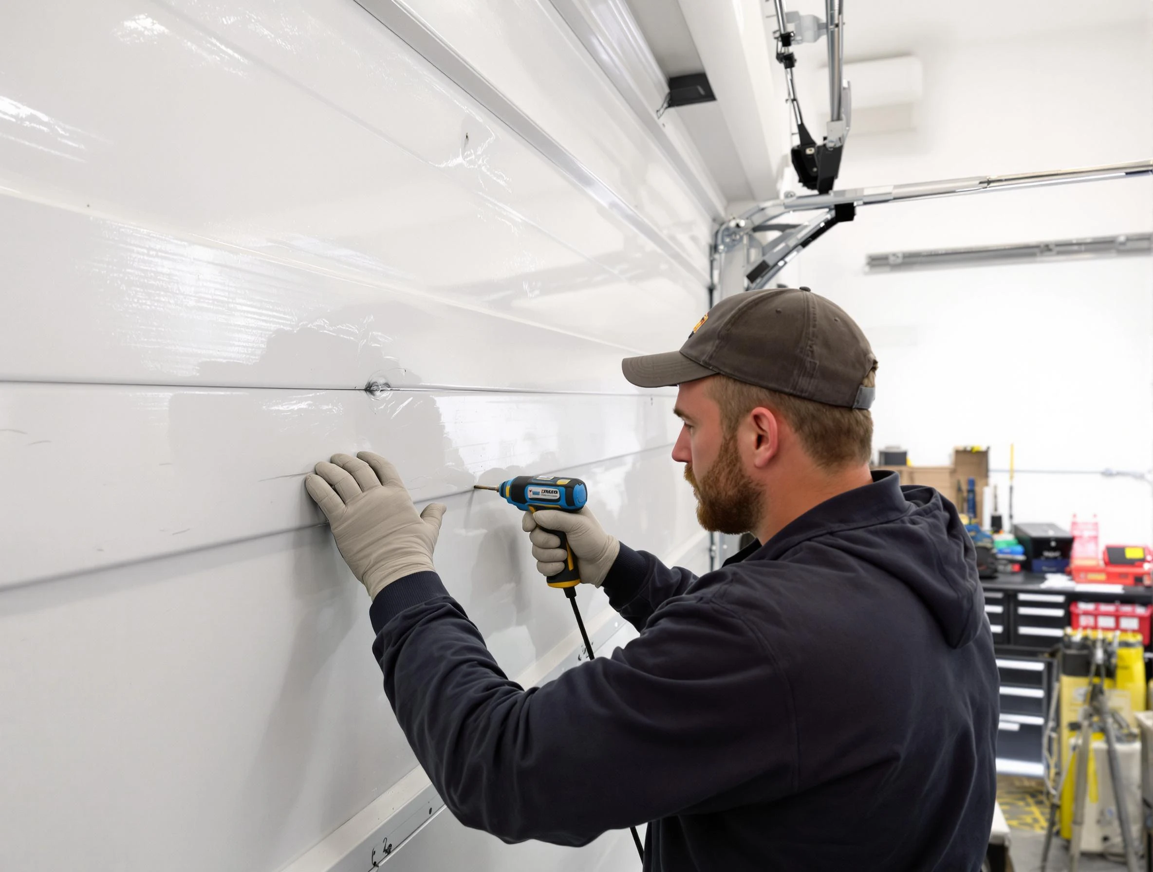 Powder Springs Garage Door Repair technician demonstrating precision dent removal techniques on a Powder Springs garage door