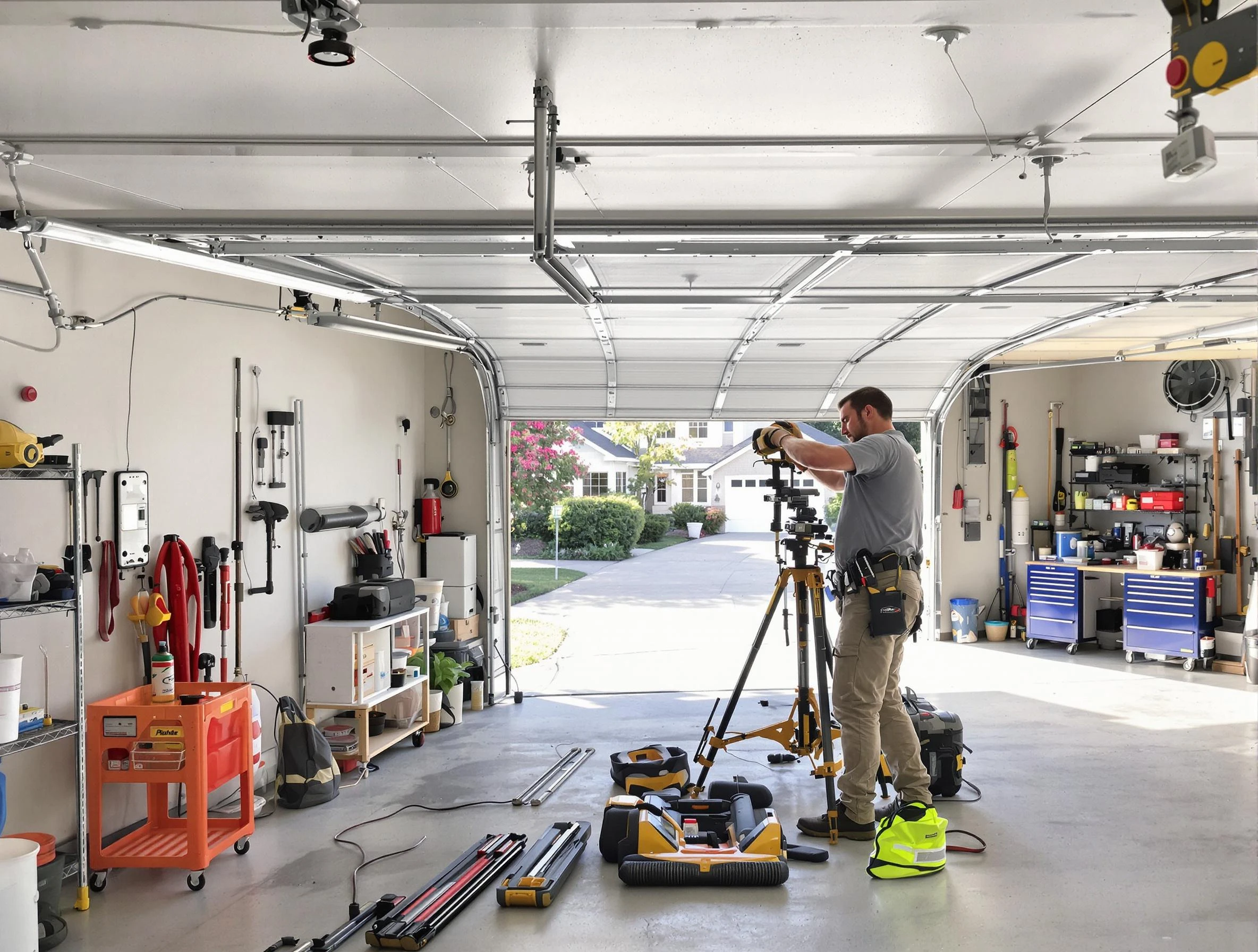 Powder Springs Garage Door Repair specialist performing laser-guided track alignment in Powder Springs